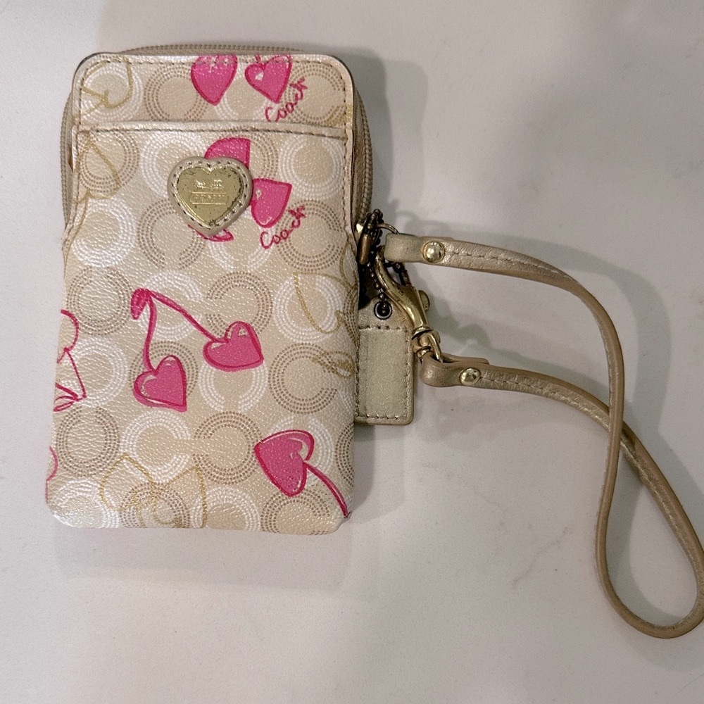 Coach Beige and Pink Heart Wristlet